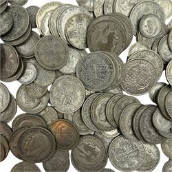 Approximately 1280 grams of Great British pre 1947 silver coins, including threepences, sixpences, one shillings etc