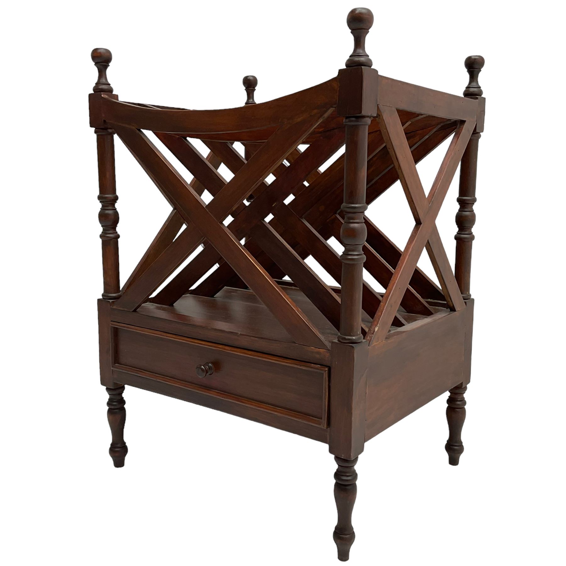 Victorian design mahogany Canterbury, four divisions with x-frame rails and turned upright supports, fitted with single drawer, on turned feet