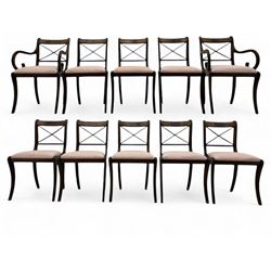 Set of ten (8+2) Regency design mahogany and brass inlaid dining chairs, bar cresting rail...