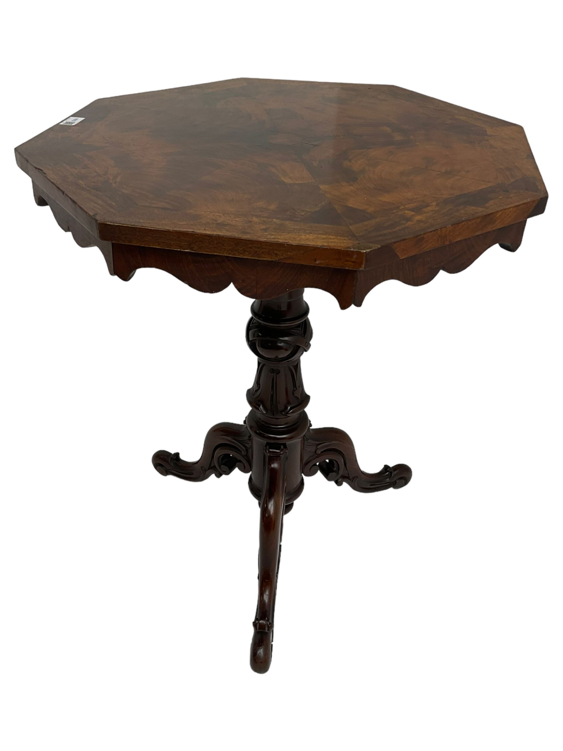 Victorian figured mahogany tripod table, octagonal top with segmented highly figured veneers over pointed arch frieze rails, on turned egg and dart carved pedestal with lappet carved baluster, three splayed and C-scroll carved supports with scrolled terminals