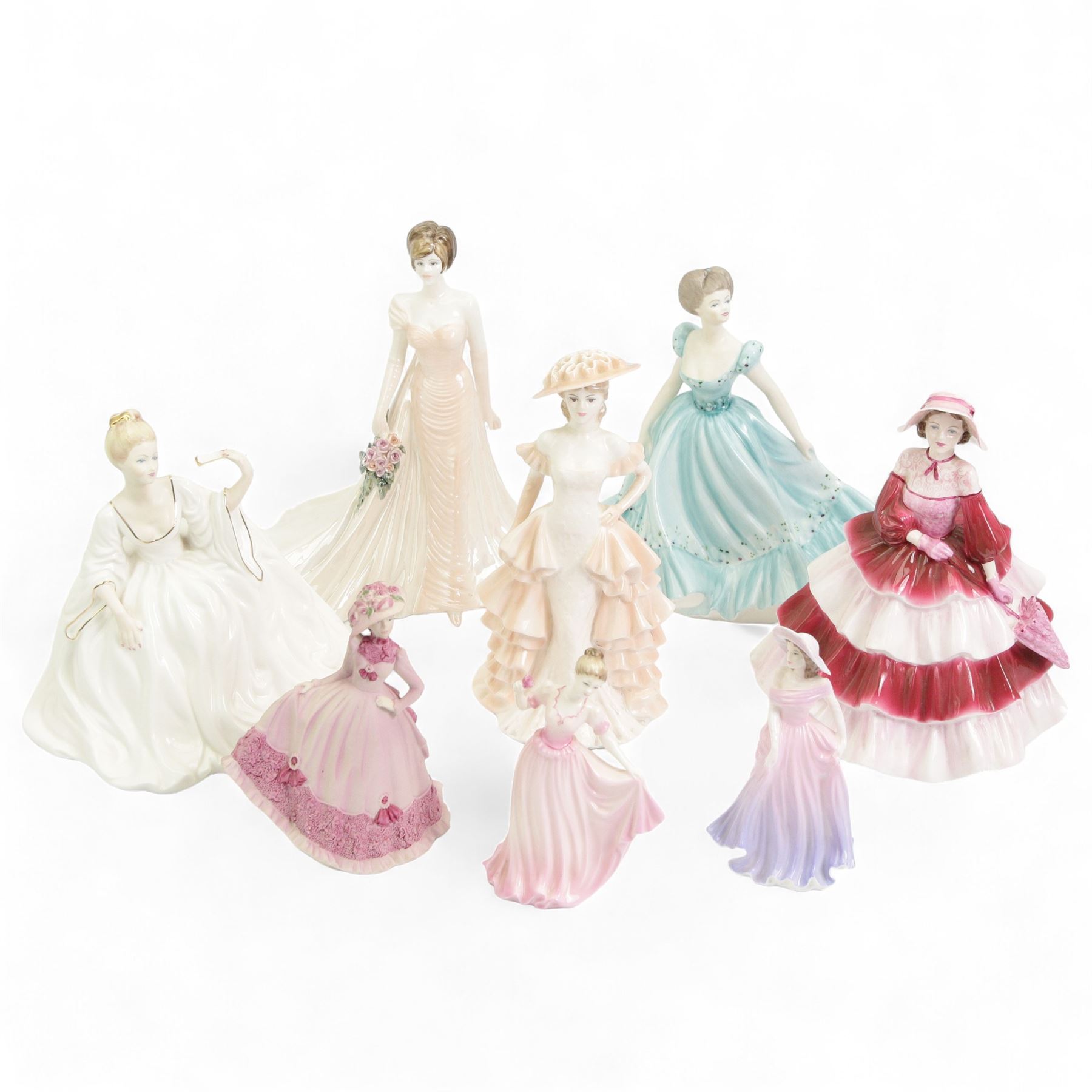 Eight Coalport ladies, including Ladies of Fashion Daphne,   Rapture, The Ball and Cafe Royal, The Modern Bride Collection Paris, Beau Mond Jill, Valentine Debutante Sweetheart and Debutantes Sweet 16, H24cm and smaller (8)