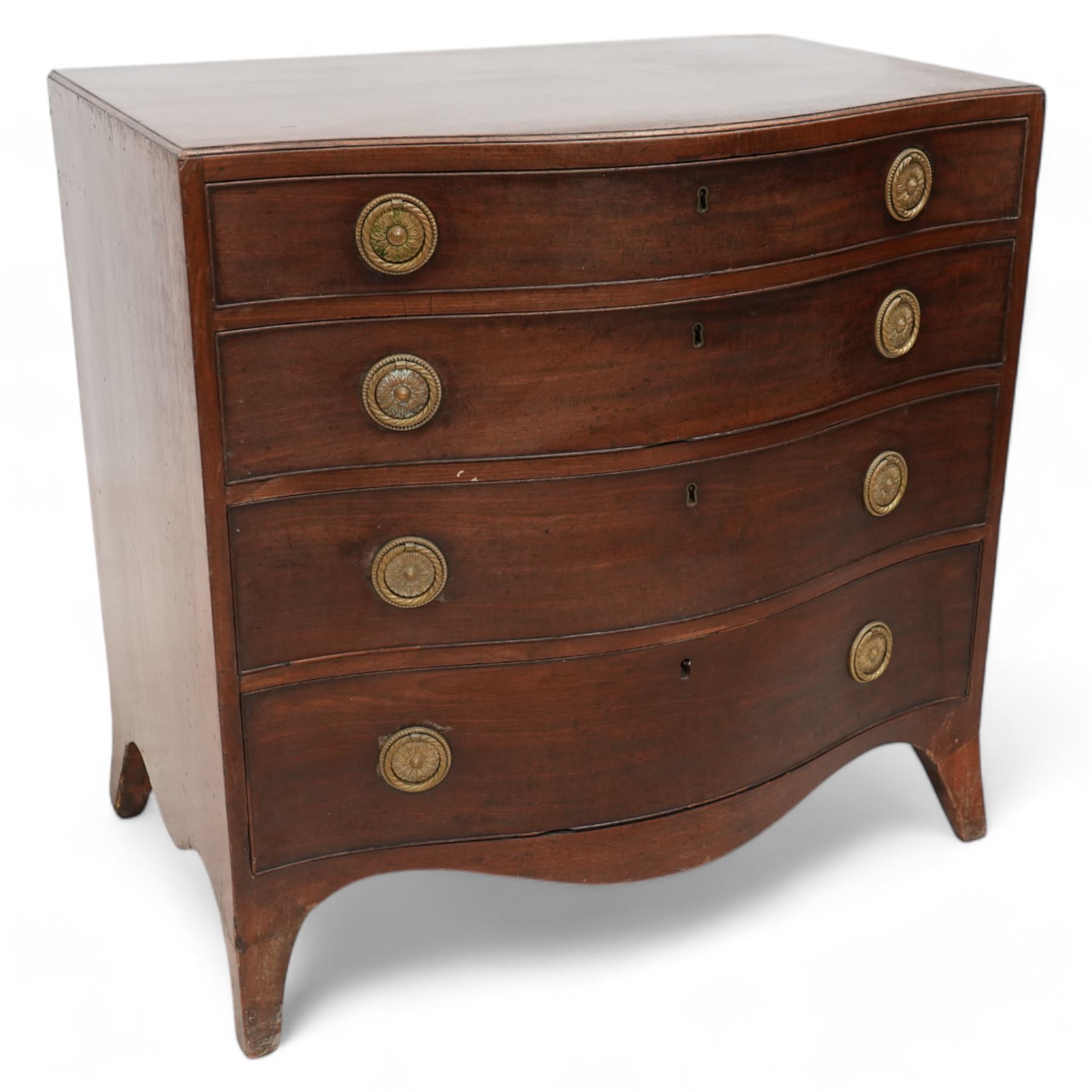 George III mahogany serpentine chest, moulded caddy top over four long graduating cock-beaded drawers, circular foliate and bead decorated handle plates with ring handles, on bracket feet