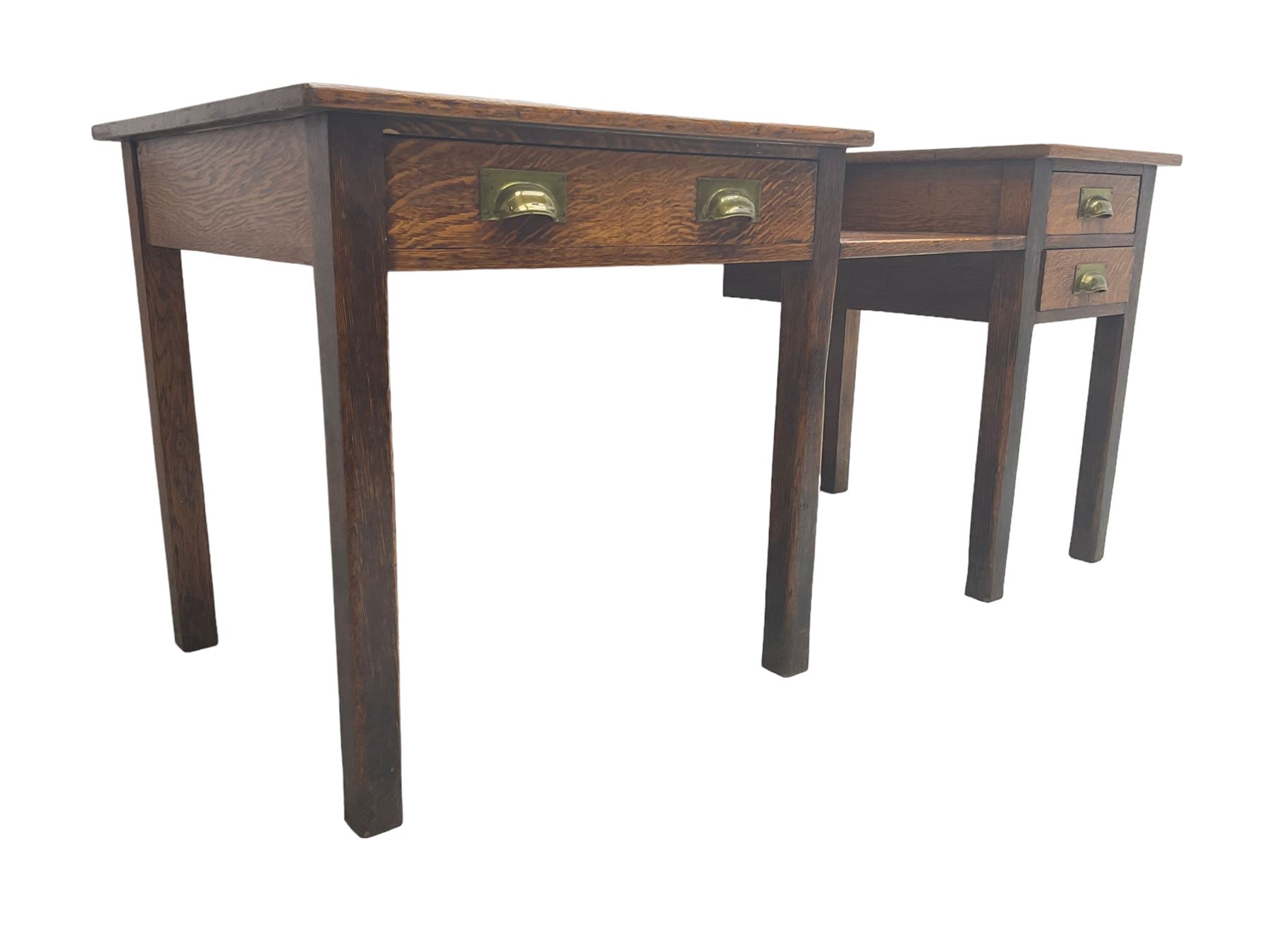 Early 20th century oak clerks desk, fitted with drop centre and drawers, on square supports