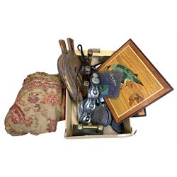 Two carved Sorrento type panels, depicting parrots, pair of oak barley twist candlesticks, and further turned baluster example, fire bellows, boomerang, leather mounted 'horse brasses' etc., in one box 