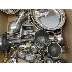 Collection of silver plate, including lobster picks, candle sticks, trays etc together with other metalware 