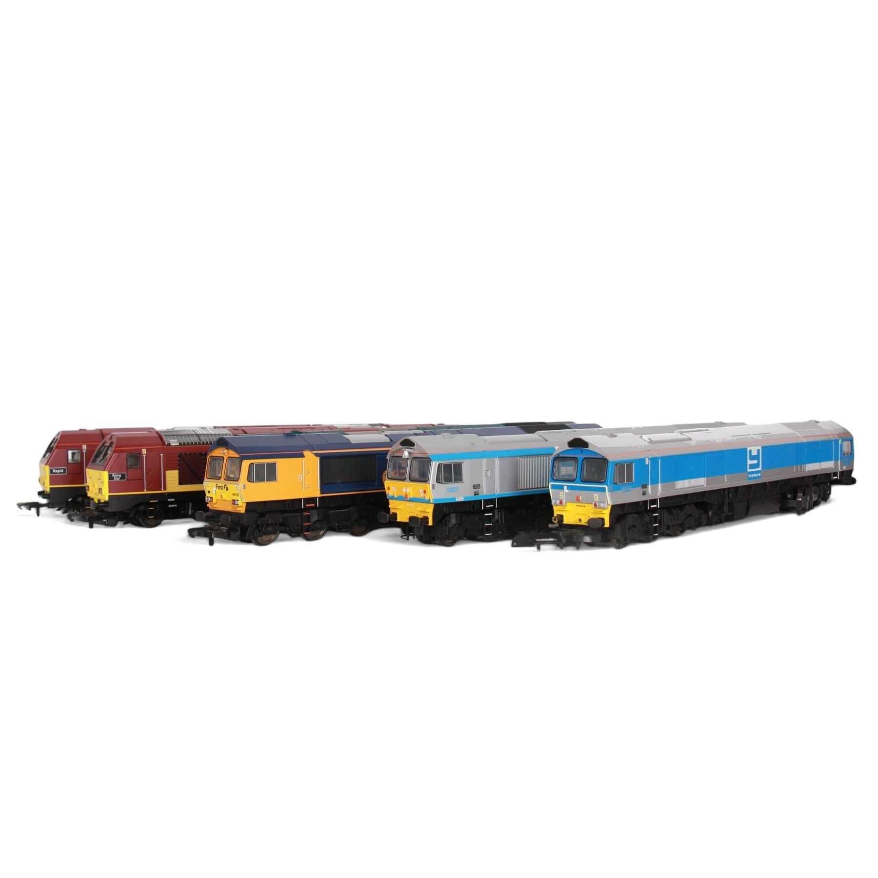 Six Hornby '00' gauge diesel locomotives, comprising two Class 59 Co-Co Yeoman Kenneth J Painter locomotive no. 59005, two Class 67 EWS locomotives nos. 67018 and 67027, Class 67 Co-Co diesel electric locomotive GBRf no. 66702 and Class 66 Co-Co Bardon Aggregates Bill Bolsover locomotive no. 66623, unboxed