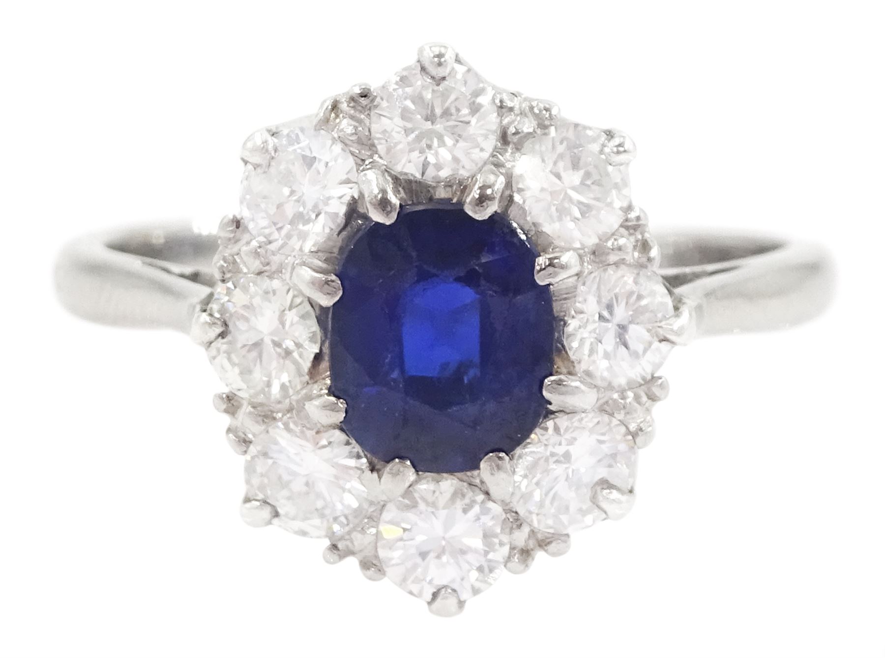 Platinum oval cut sapphire and transitional cut diamond cluster ring, stamped Plat, sapphire approx 0.70 carat, total diamond weight approx 0.80 carat