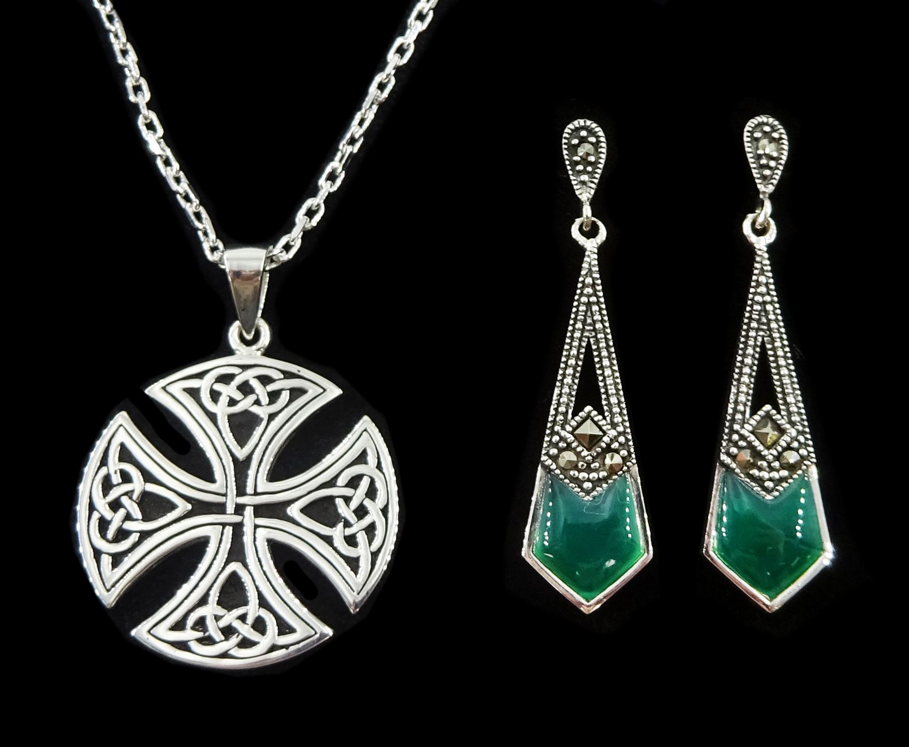 Pair of silver green agate and marcasite pendant stud earrings and a silver cross pendant