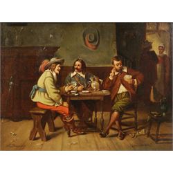 J Dupuis (French 19th Century): A Discussion Over Cards and Wine, oil on panel signed, indistinctly inscribed verso 19cm x 26cm 