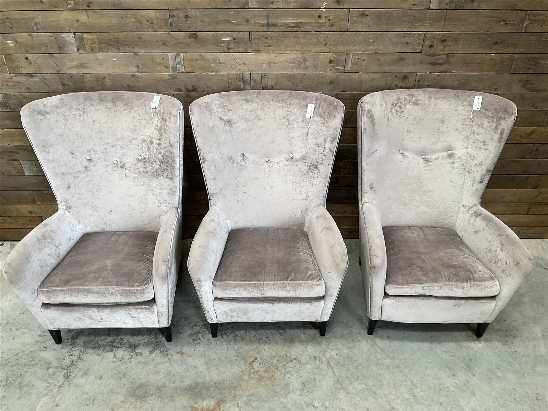 4 x Wing back armchair upholstered in silver crushed velvet fabric