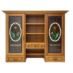 Art Nouveau design cherry wood kitchen wall unit, two leaded glazed doors with stained tulip decoration