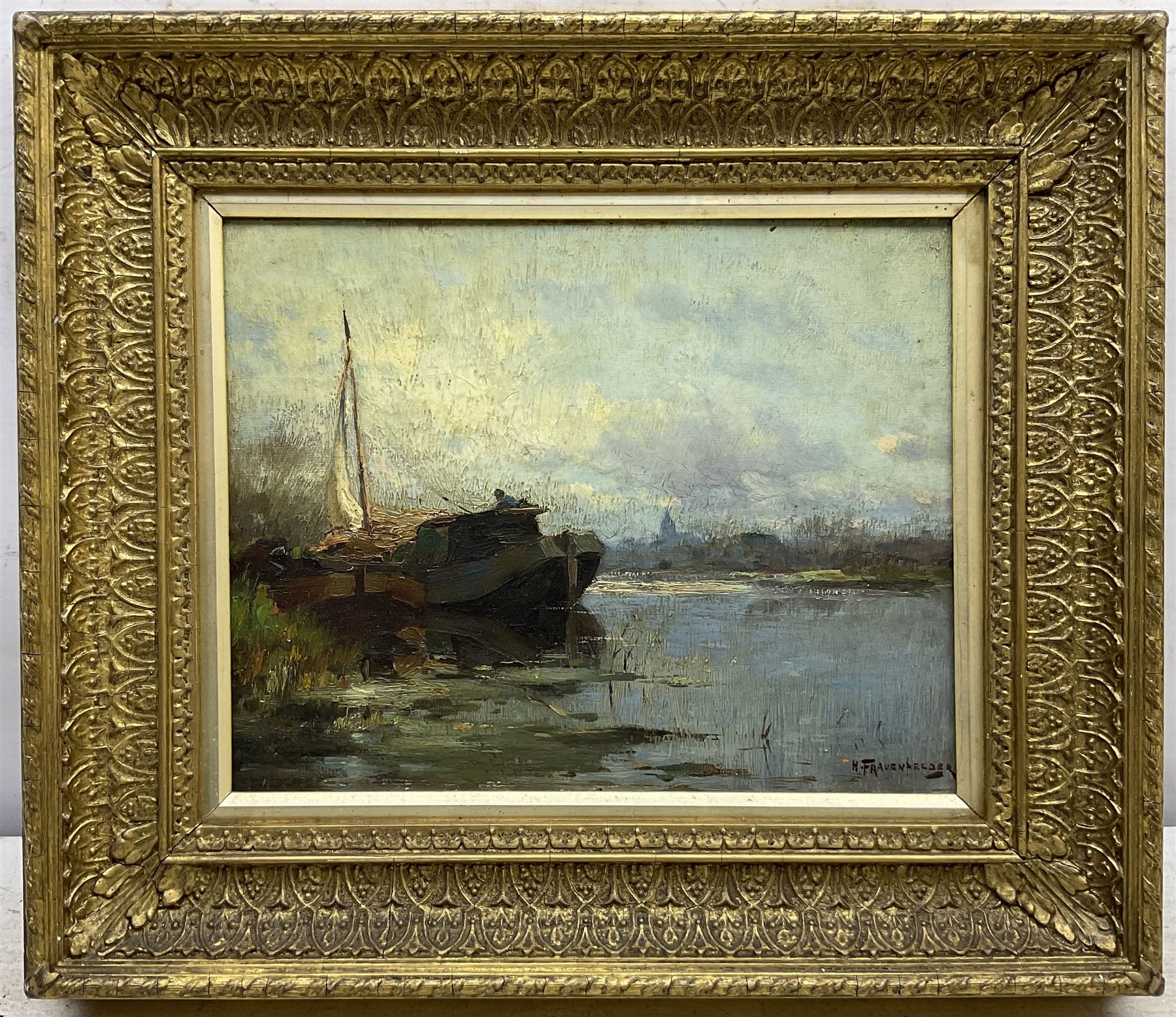 Hendrik Frauenfelder (Dutch 1885-1922): Barges on the Riverside, oil on panel signed, indistinctly inscribed verso 20cm x 25cm