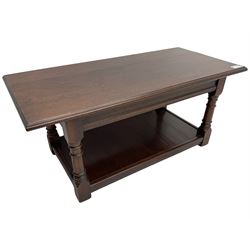 Rectangular mahogany coffee table, moulded rectangular top, turned supports united by undertier 