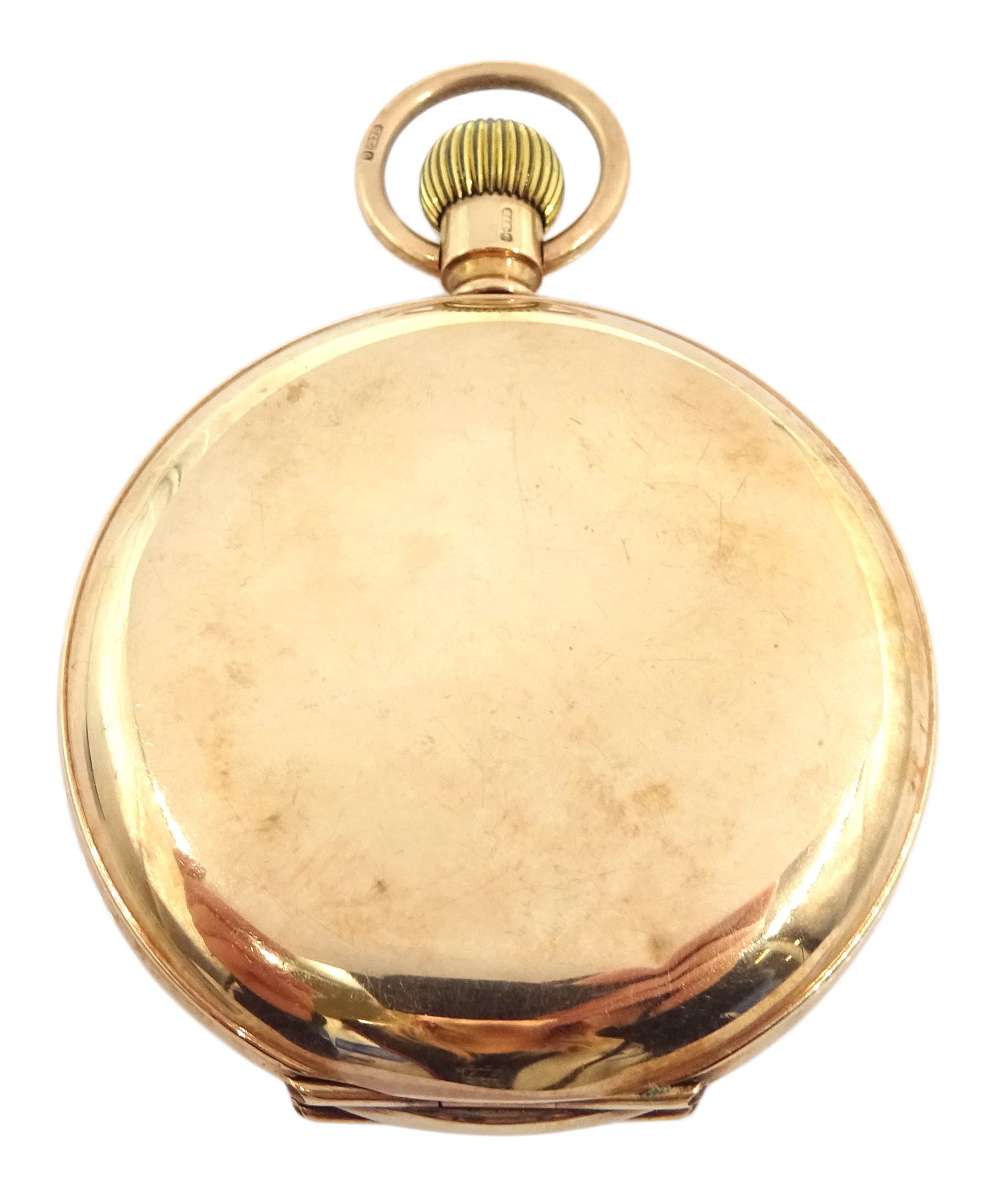 Early 20th century 9ct gold full hunter crown wind lever pocket watch white enamel dial with Arabic numerals and subsidiary seconds dial, case by Benson Brothers, Chester 1922