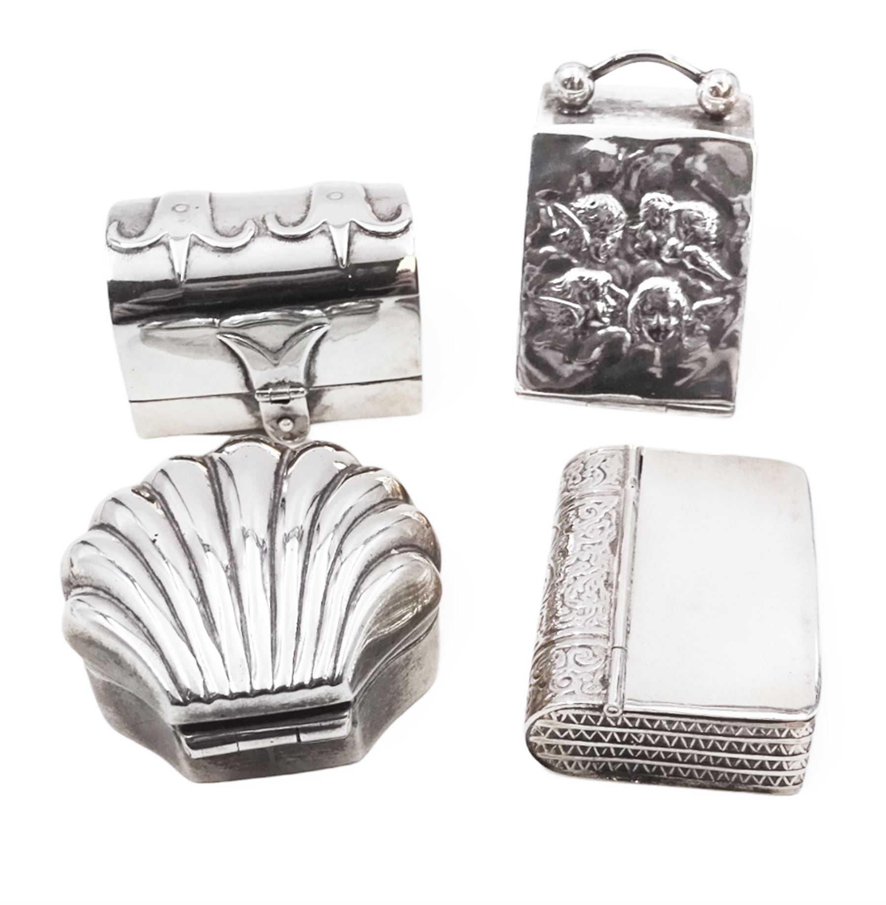 Four novelty miniature silver boxes, comprising coal scuttle, shell, trunk and bible, all hallmarked, tallest H3.5cm