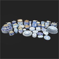 Collection of Wedgwood and similar Jasperware, including plates, jardenairs, jugs, mugs etc 