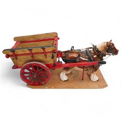 Model of a Shire Horse pulling a cart, made by Norman Simpson Creaser of Harton nr. York, W67cm 