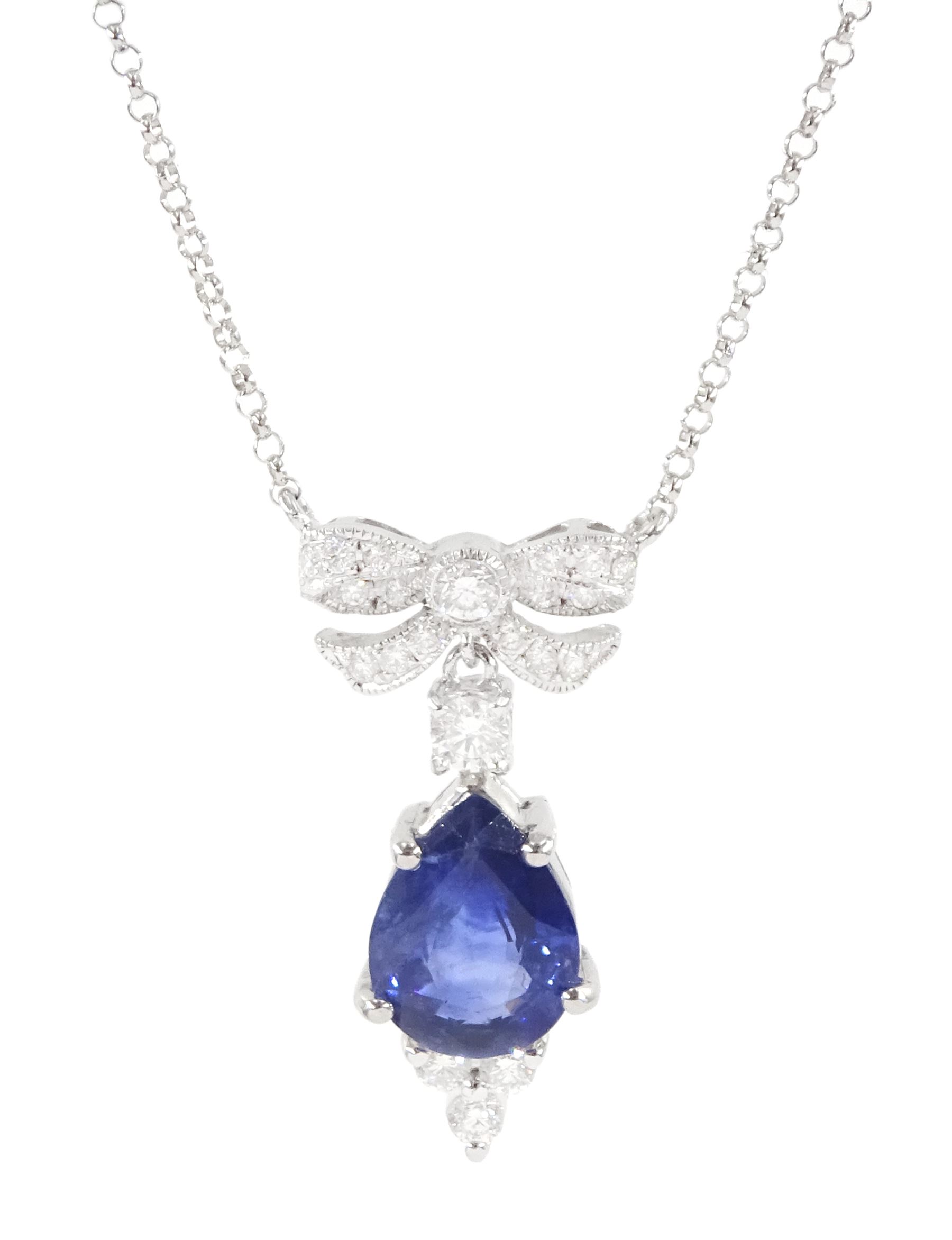 18ct white gold sapphire and diamond pendant necklace, the round brilliant cut diamond bow, suspending a pear cut sapphire and four round brilliant cut diamonds, stamped 750, sapphire approx 3.80 carat, total diamond weight approx 0.45 carat