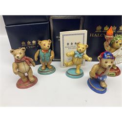 Eight Halcyon Days Teddy Bear of the Year figures, from 1993 to 2000, including one example modelled as a bear in Greek dress carrying a torch, one example modelled as a schoolboy and one example in a blue dress, all boxed 