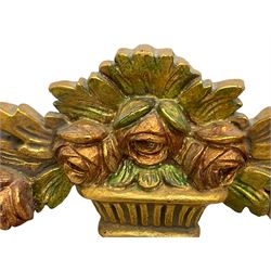 Spanish style wood and composite wall mirror, flower head pediment over plain mirror plate, foliate moulded frame