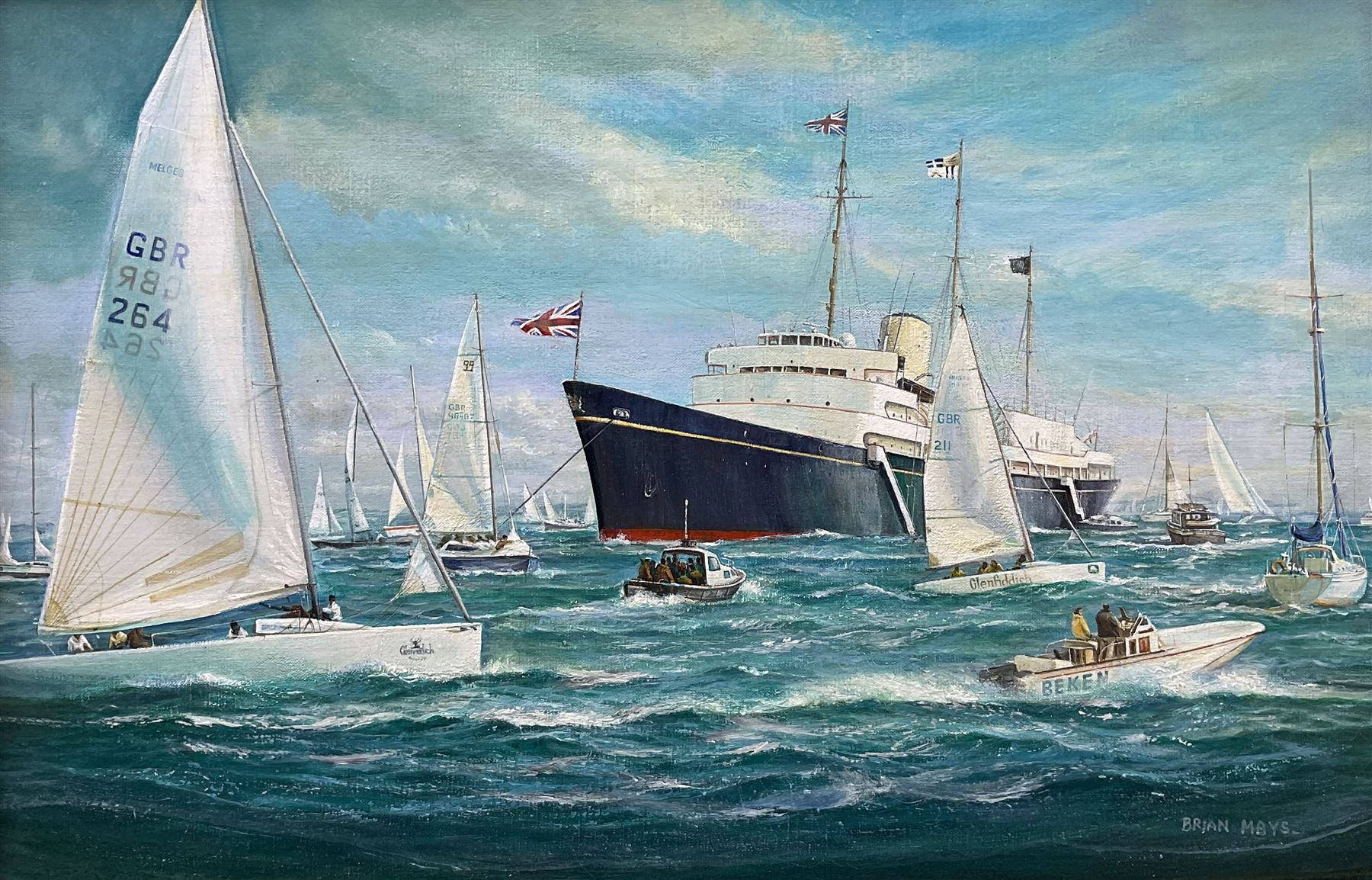 Brian Mays (British 1938-2005): 'Dark Clouds Hanging over the Future of Britannia - Cowes Week 1996', oil on canvas signed, titled verso 29cm x 44cm 
Provenance: direct from the family of the artist.