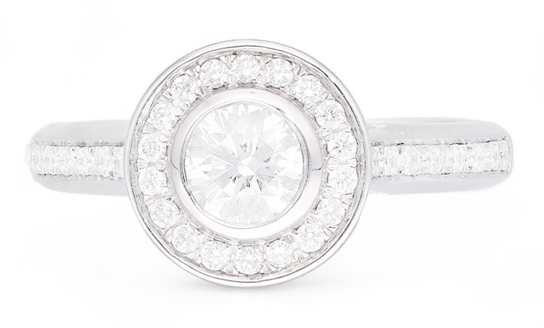 18ct white gold round brilliant cut diamond halo cluster ring, the principal diamond of approx 0.50 carat, with diamond surround and diamond set shoulders, hallmarked, total diamond weight approx 0.75 carat