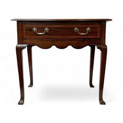 18th century and later inlaid mahogany and fruitwood low-boy, the moulded rectangular top with satinwood band, shaped frieze fitted with single drawer, on cabriole supports with angular feet