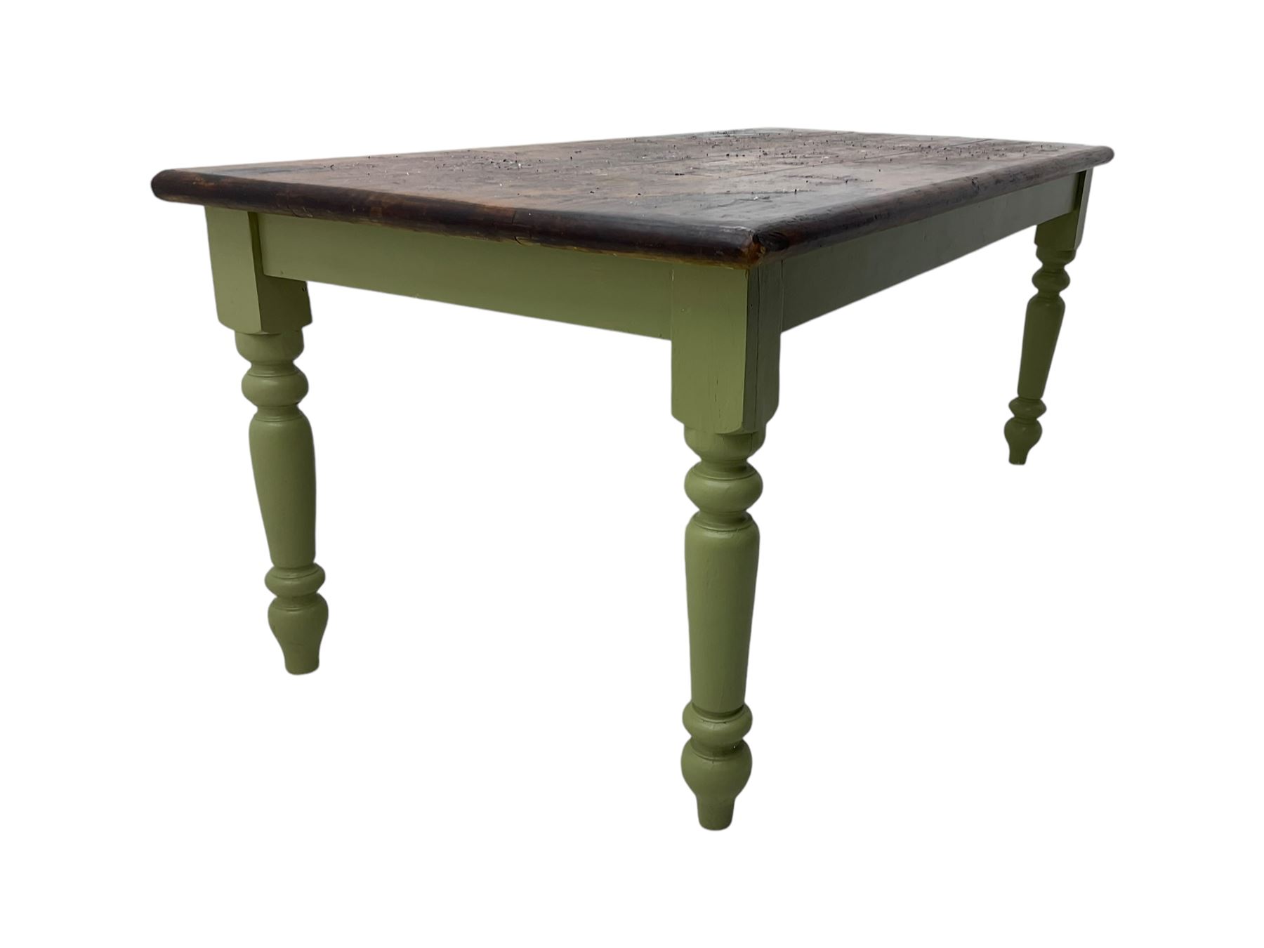 Hardwood dining table, rectangular top on laurel green painted base, fitted with turned supports 