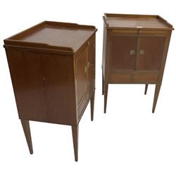 Pair of early 20th century bedside cabinets, fitted with brushing slide over cupboard and single drawer, each with gilt metal cock-beading, raised on square tapering supports
