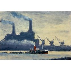 Jack Rigg (British 1927-2023): Tug and Tow Passing Battersea Power Station, oil on board signed, dated 2017 verso 27cm x 40cm