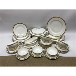 Royal Worcester Golden Anniversary pattern dinner wares, including ten dinner plates, twelve side plates, eight twin handled bowls and saucers, covered tureen (55)