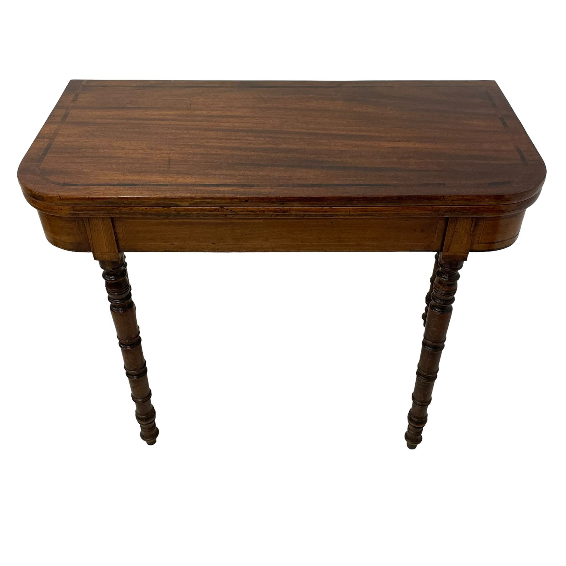 Early 19th century mahogany tea table, rectangular fold-over top with rounded corners, inlaid with mahogany banding, the plain frieze with mahogany stringing, raised on gate-leg action ring turned supports