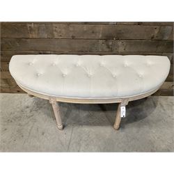 Washed oak demi-lune window seat, upholstered in buttoned linen fabric