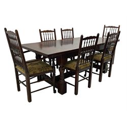 Oak refectory dining table, rectangular cleated top on turned supports joined by H-stretcher; together with set of six (4+2) oak spindle back dining chairs, with upholstered drop-on seat cushions, turned supports joined by turned stretchers