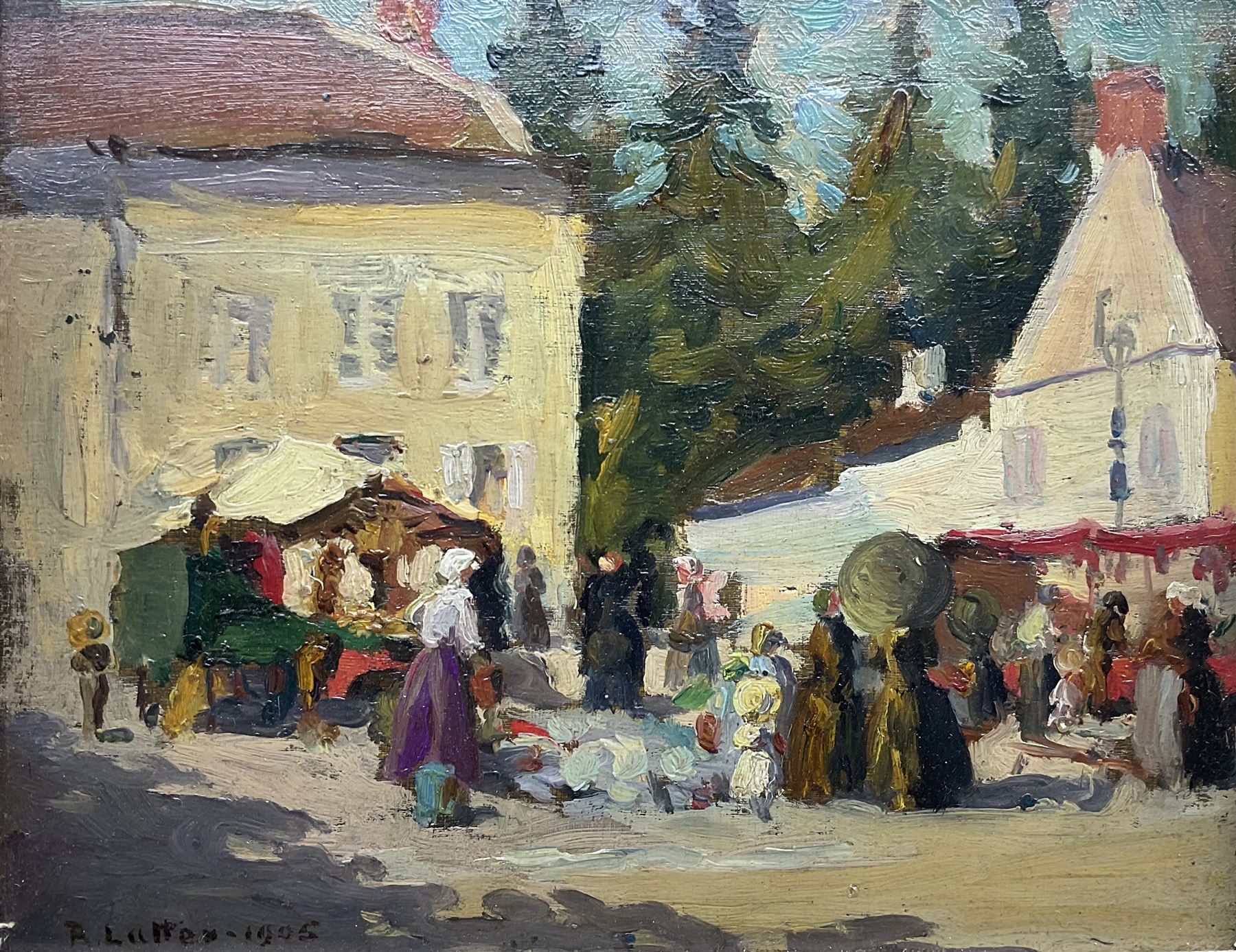 Ruth Latter (British 1869-1949): The Market, oil on board signed and dated 1905, 13cm x 18cm