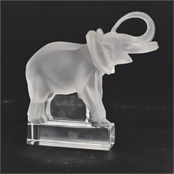 Lalique frosted glass model of an African Elephant, on clear rectangular plinth, engraved beneath Lalique France, H15.5cm