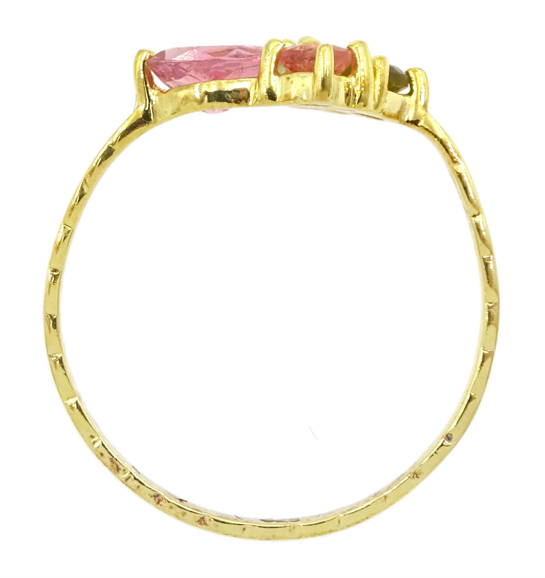 Silver-gilt pink and green tourmaline ring, stamped 925