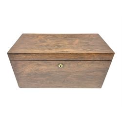 19th century rosewood tea caddy, of plain rectangular form, the hinged cover opening to re...