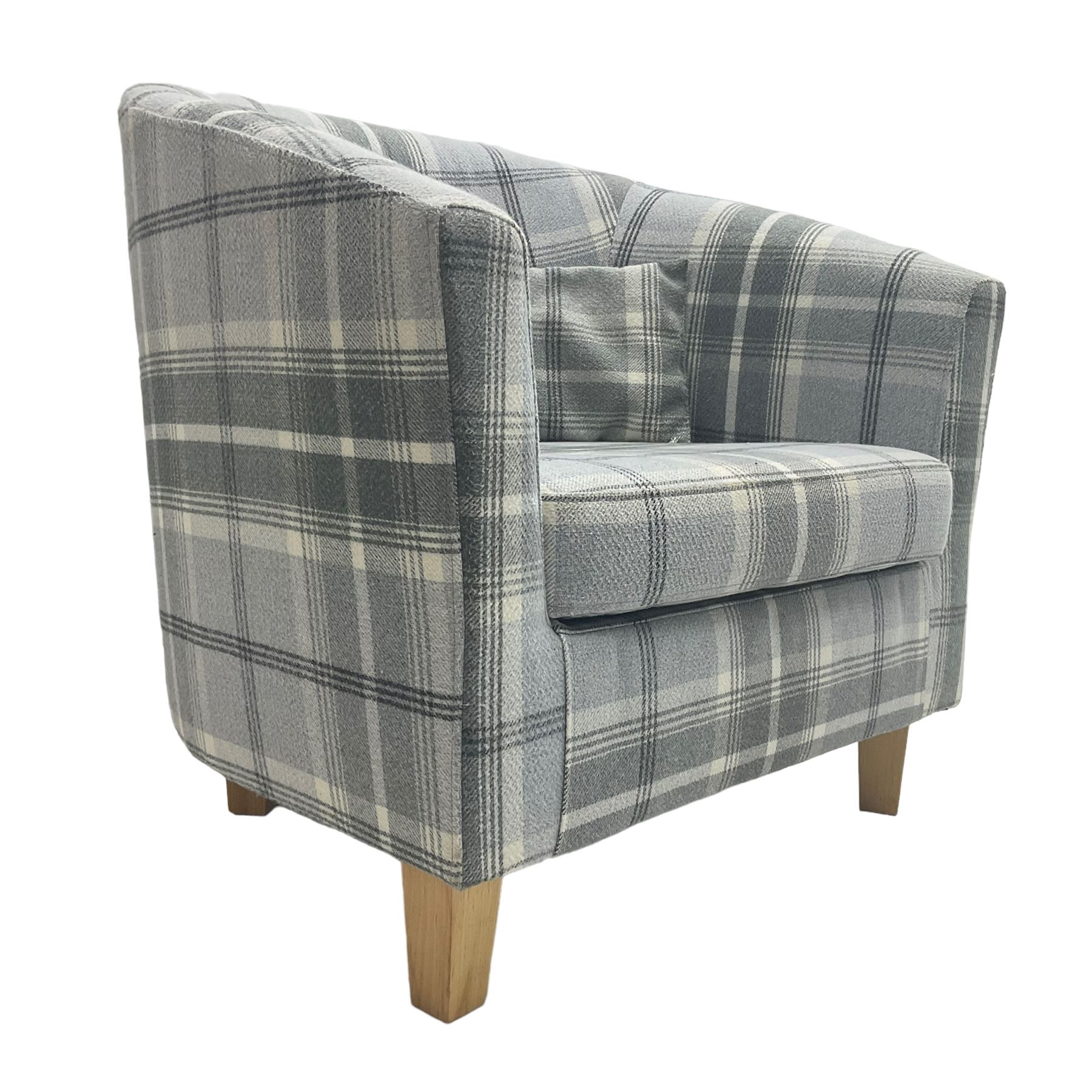 Tub shaped armchair, upholstered in tartan fabric