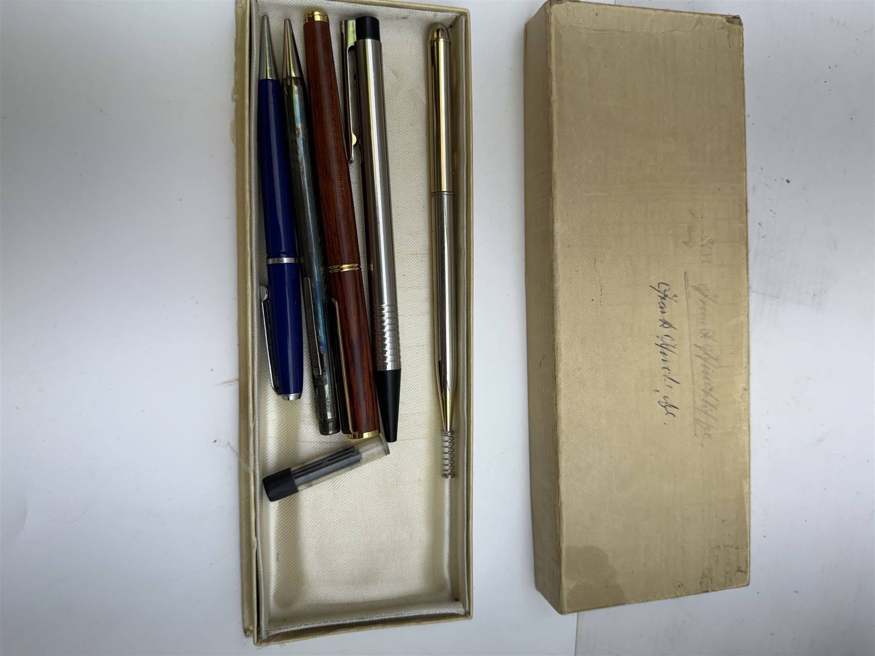 Collection of pens, including four fountain pens, two ballpoint pens, other pens and writing instruments