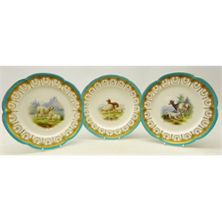  Pair late Victorian Minton shaped dessert plates hand painted with sheep and goats in a mountainous landscape by Henry Mitchell within a border of gilt beaded swags, floral roundels and crosshatched panels with turquoise rim, D24cm and a matched Minton dessert plate painted with a family of sheep, c1870 all pattern no. G154 (3) Provenance Property of Bob Heath, Brandesburton Formerly of Ravenfield Hall Farm near Rotherham  