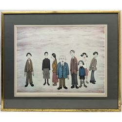 Laurence Stephen Lowry RBA RA (Northern British 1887-1976): 'His Family', limited edition offset lithograph in colours on wove signed in pencil with Fine Art Trade Guild blindstamp, pub. Adam Collection Ltd. 1972, printed by Chorley & Pickersgill Ltd., Leeds, from the edition of 575, 55cm x 72cm