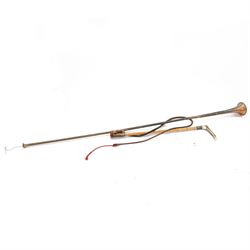 Bamboo cane hunting whip with horn handle, silver collar and leather strap, together with ...