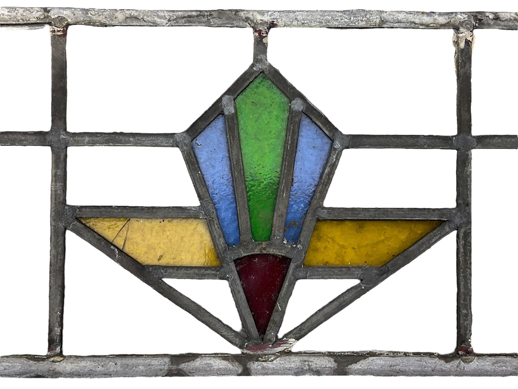 Four early 20th century stained glass and leaded windows, Art Deco design in blue, green, gold and red, largest 67 x 57cm, smallest 19 x 85cm. 