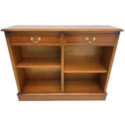 Georgian design yew wood open bookcase, rectangular moulded top over two drawers and two adjustable shelves, on moulded plinth base 