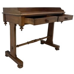 Victorian mahogany washstand, three-quarter raised gallery back, rectangular top with over two drawers, on shaped end supports united by ring-turned stretcher