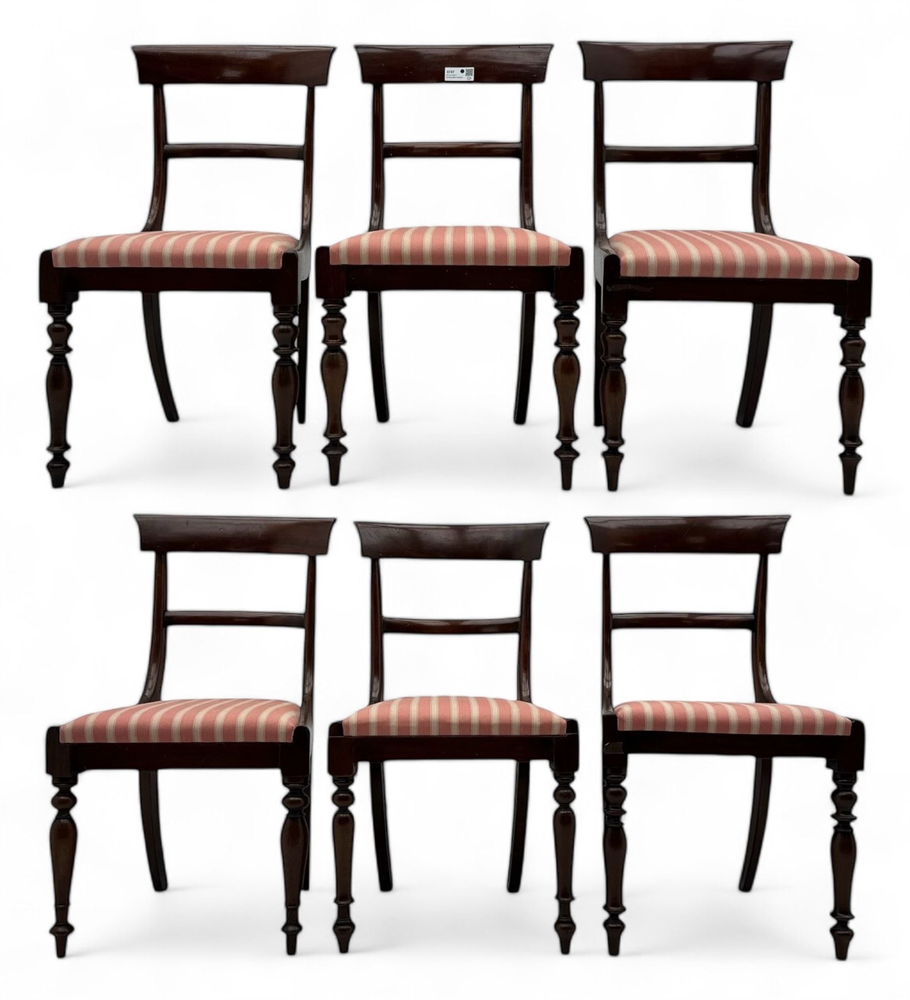 Set of six Victorian mahogany dining chairs, curved bar back over drop-in seat upholstered in striped fabric, on turned front supports