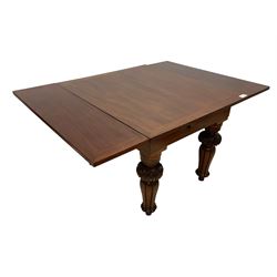 Victorian mahogany draw-leaf extending dining table, rectangular top with two additional leaves, on turned foliage carved and lobe moulded supports