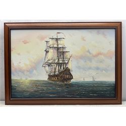 Continental School (Mid 20th Century) Ships at Full Sail, three oils by different hands signed F Daniels, Ambrose and M Unger together with an indistinctly signed impressionist landscape max 59cm x 90cm (4)