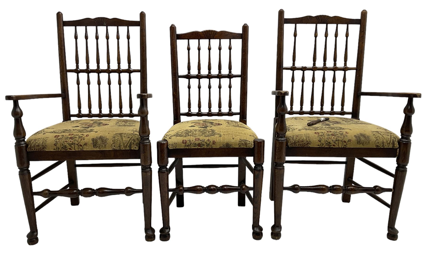 Set of six (4+2) 20th century oak spindle back dining chairs, with upholstered drop-on seat cushions, turned supports joined by turned stretchers